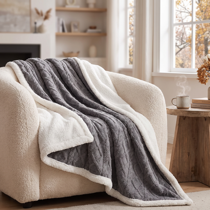 Fluffy Reversible Sherpa Throw Blanket shown draped on a chair