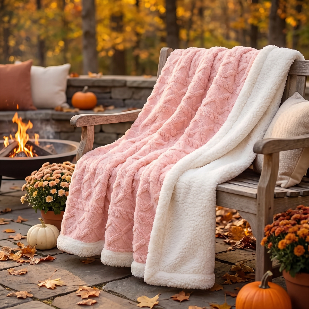 Sherpa Fleece Outdoor Throw Blanket shown styled outdoors