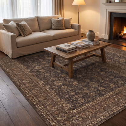 Washable Distressed Floral Area Rug in living room