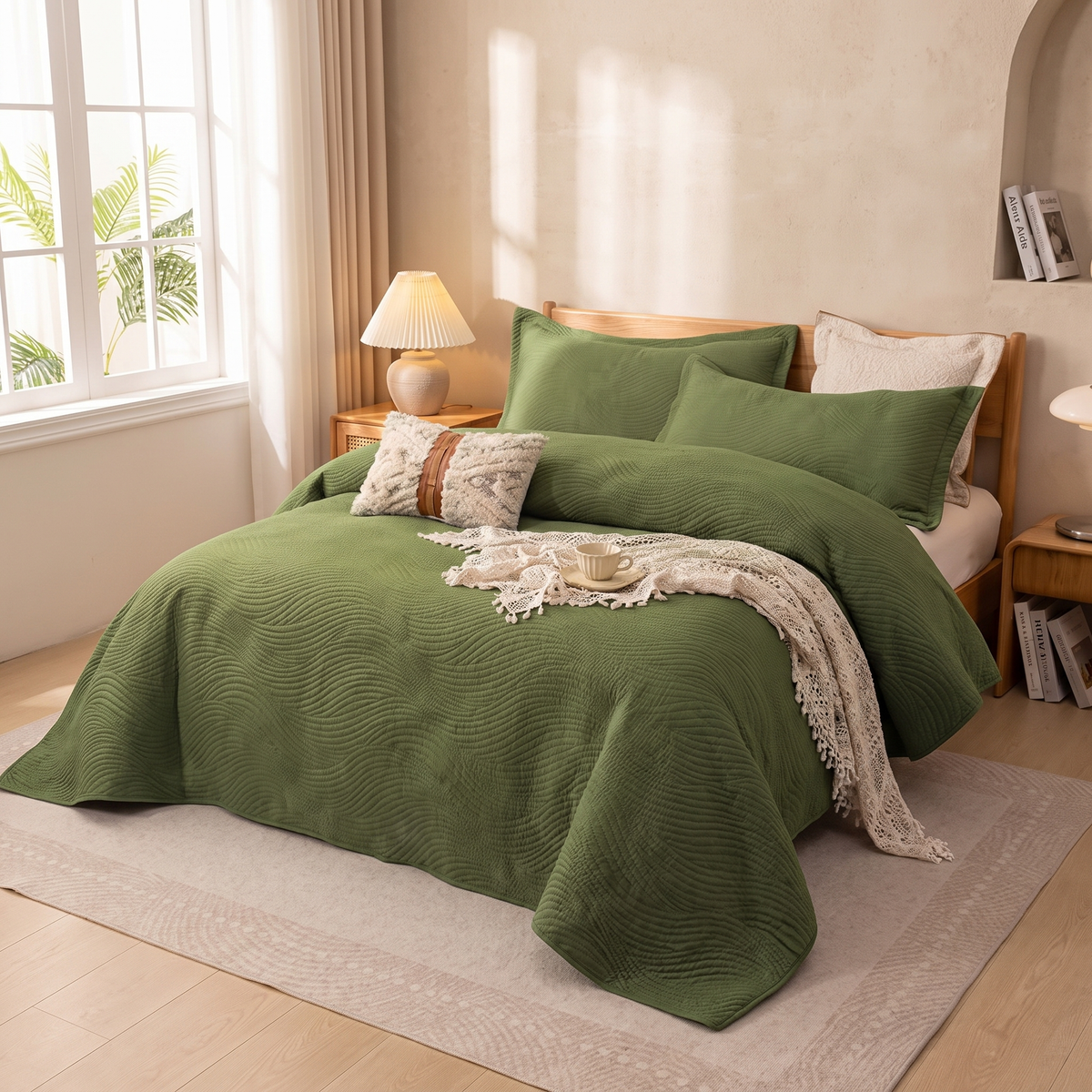 Solid Quilted Comforter Set styled on bed