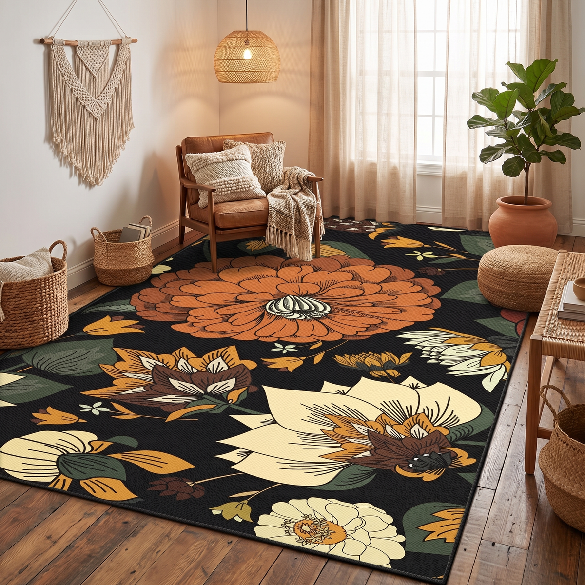 Botanical Floral Washable Boho Area Rug in living room