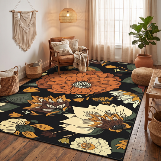 Botanical Floral Washable Boho Area Rug in living room