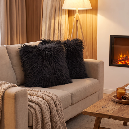 Faux Fur Throw Pillow Covers styled on sofa