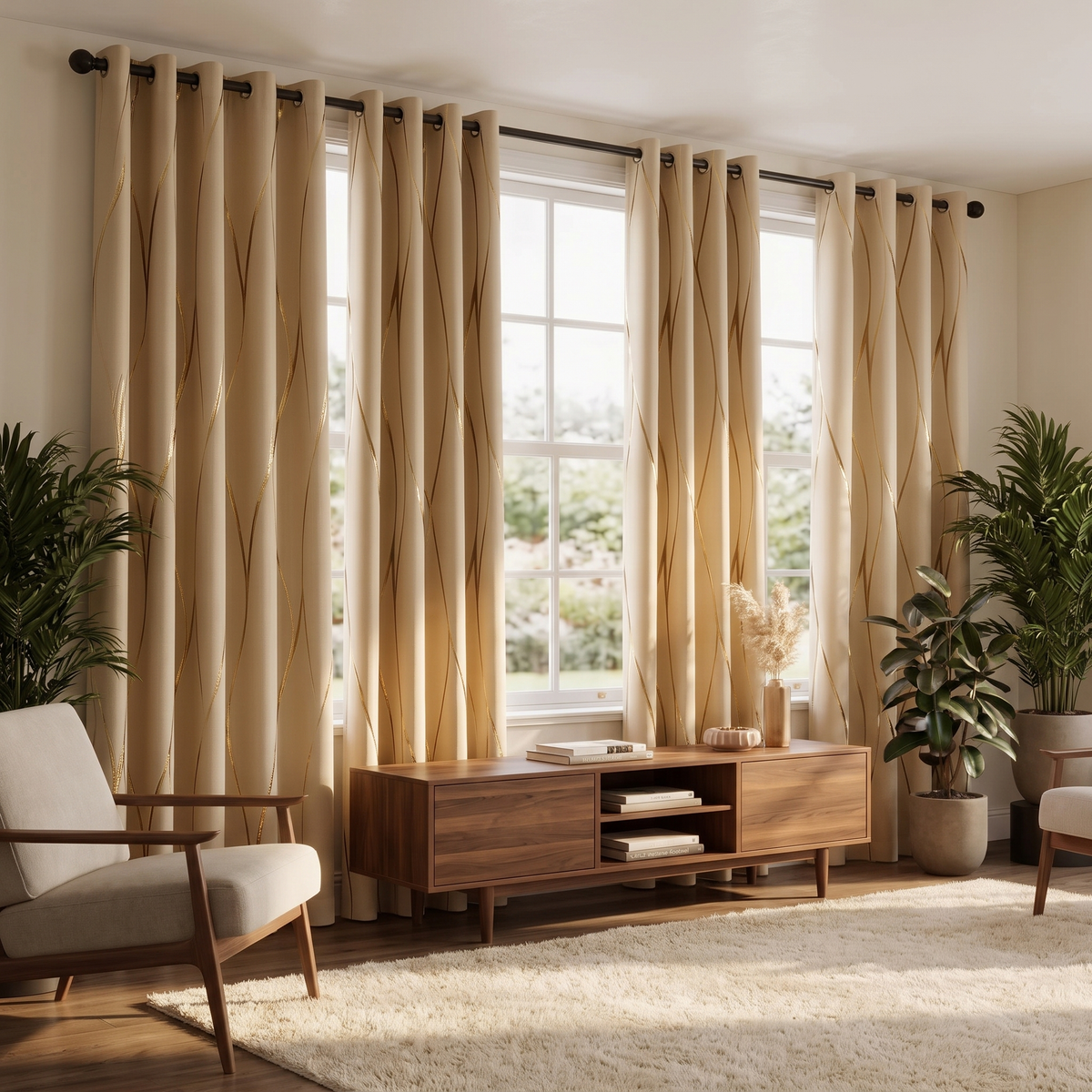Metallic Foil Wave Blackout Curtains in living room window