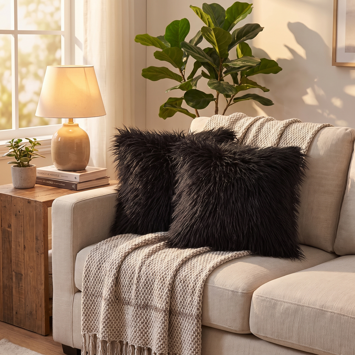 Faux Fur Throw Pillow Covers styled on sofa