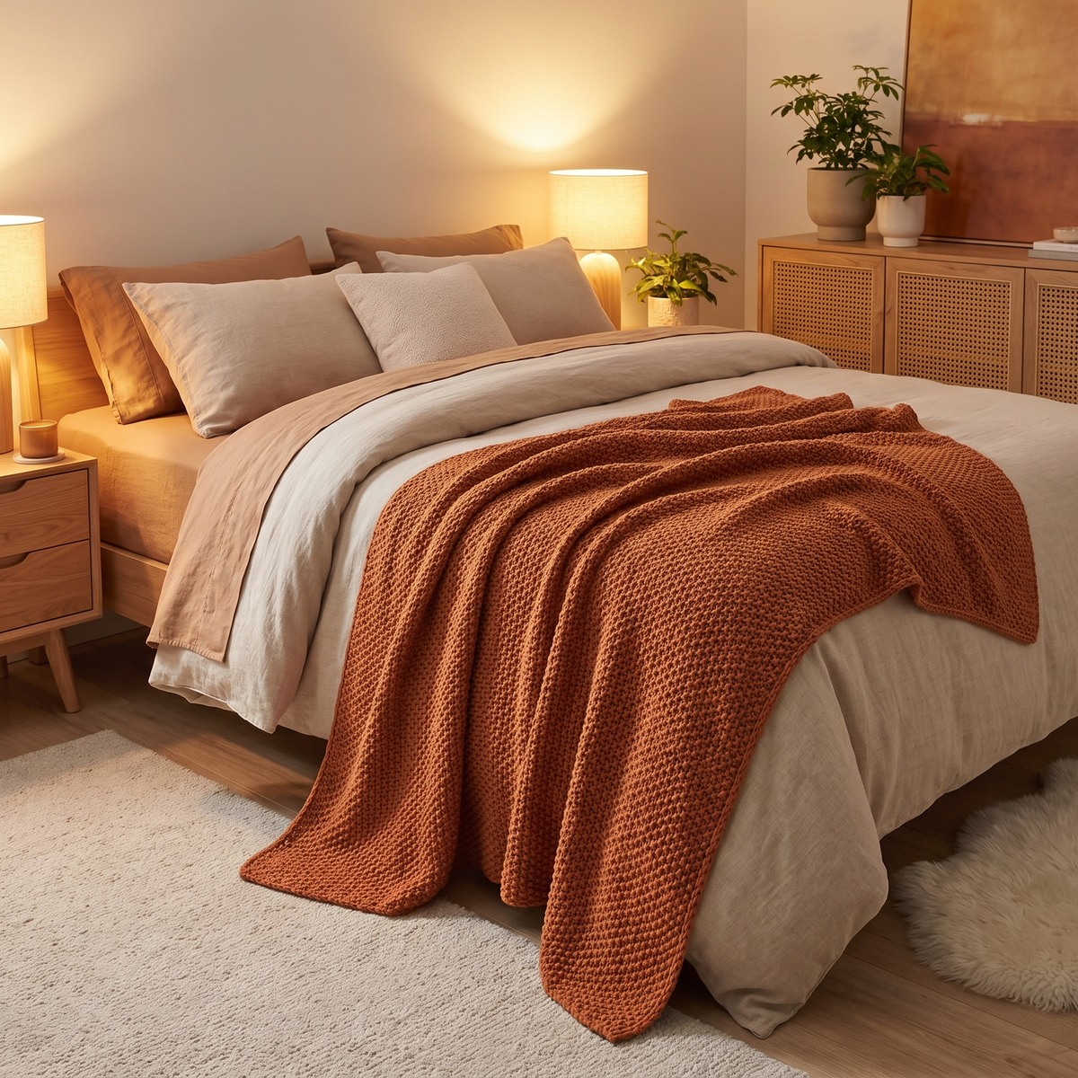 Lightweight Cotton Chunky Knit Throw draped on bed