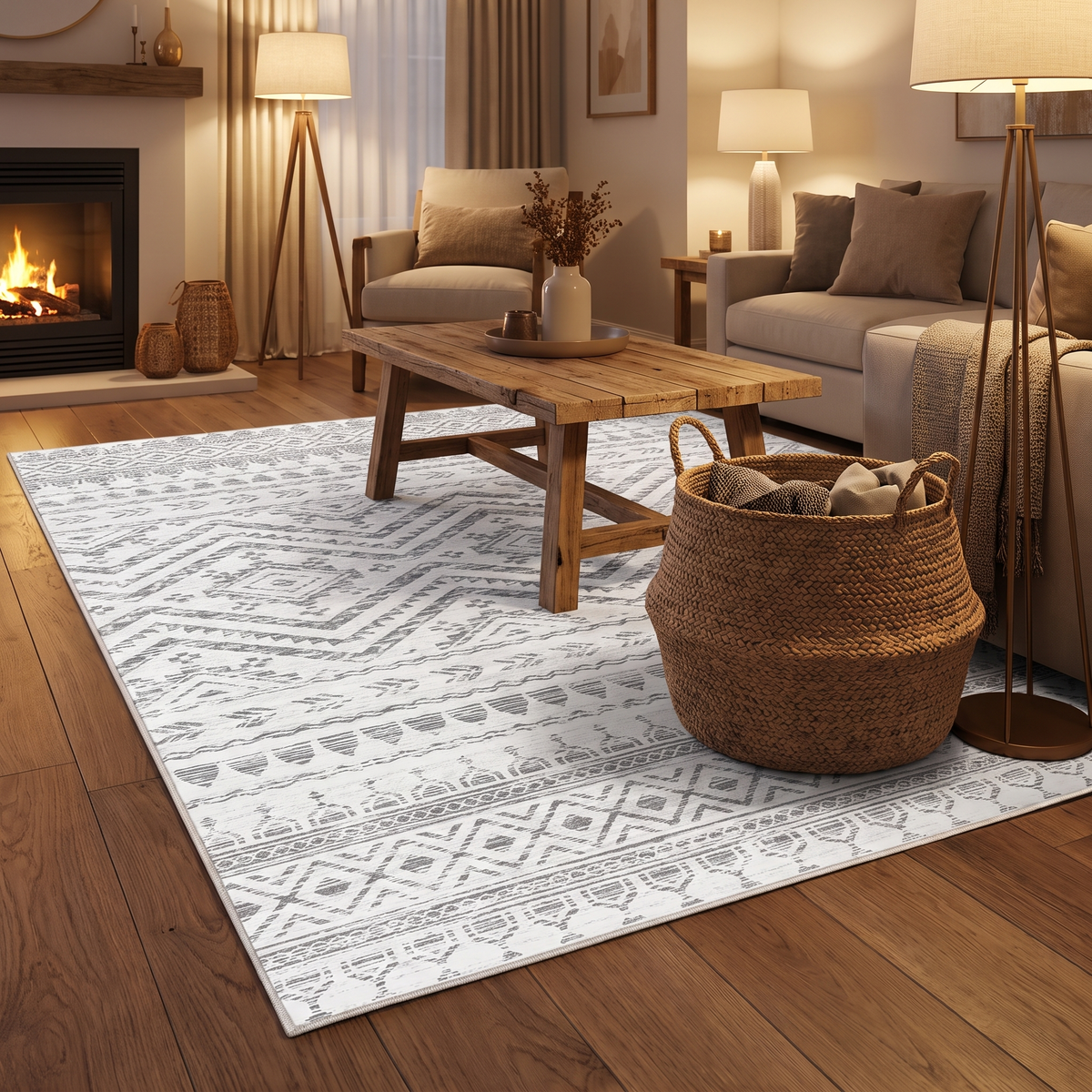 Moroccan Contemporary Washable Area Rug in living room