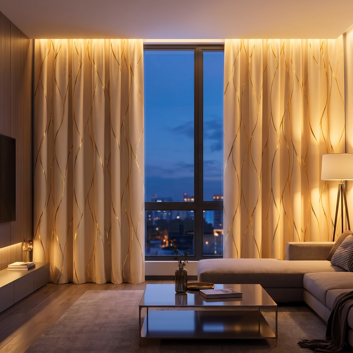 Metallic Foil Wave Blackout Curtains in living room window