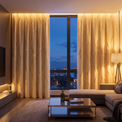 Metallic Foil Wave Blackout Curtains in living room window