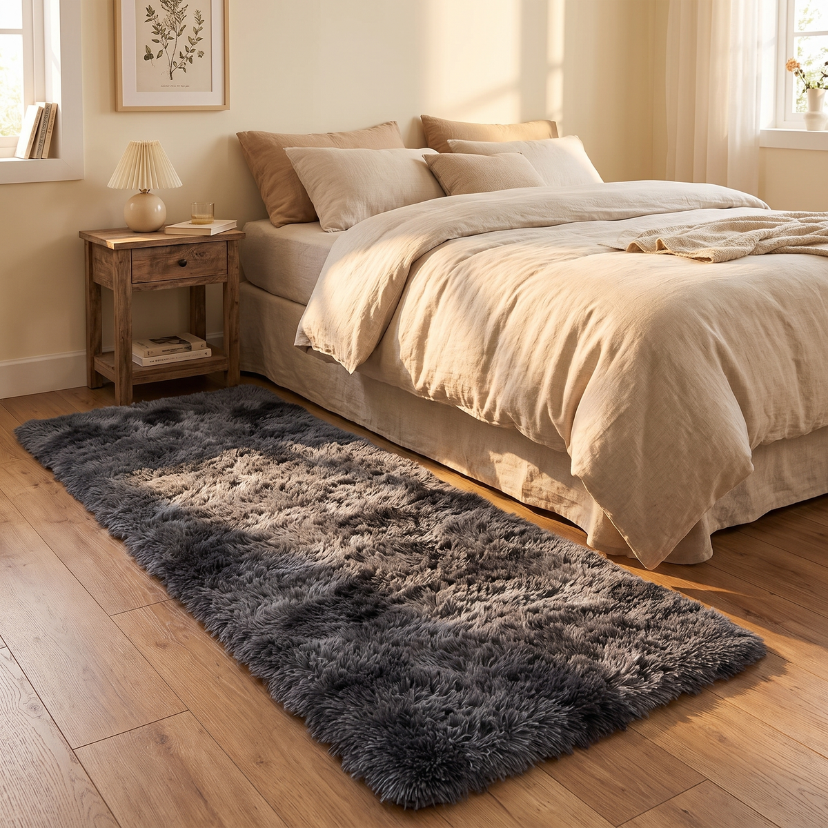 Nordic Long Pile Plush Floor Runner Rug in bedroom