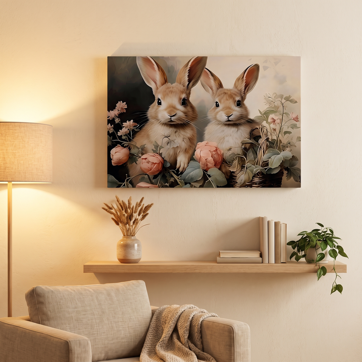 Vintage Easter Bunny Canvas Wall Art mounted on wall