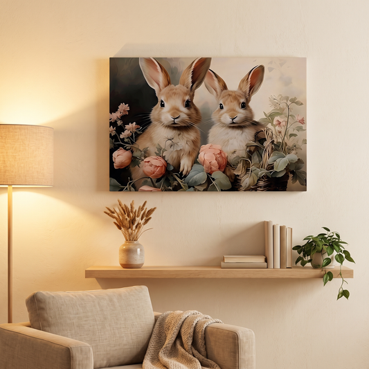 Vintage Easter Bunny Canvas Wall Art mounted on wall