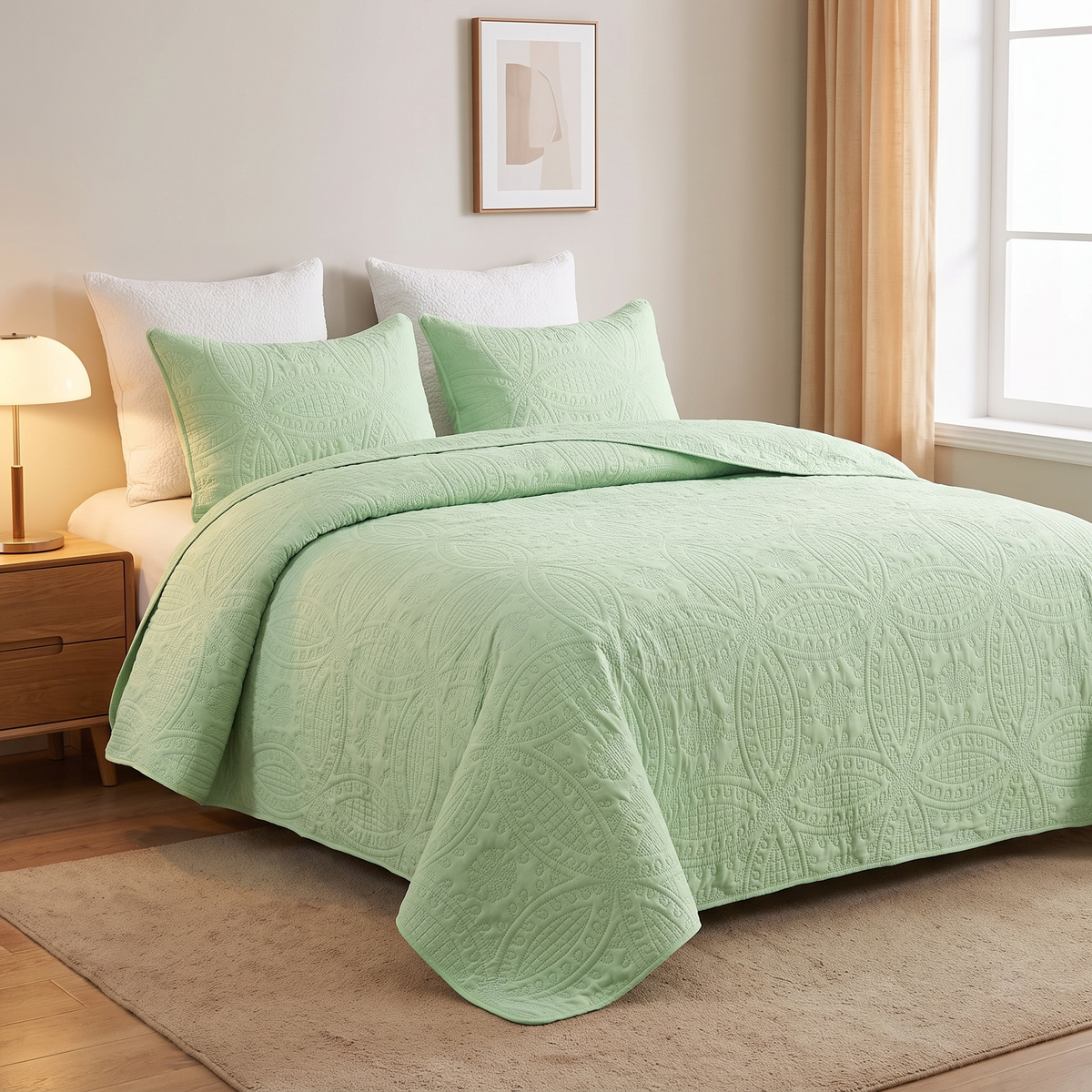 Light Green Quilted Bedspread Set styled on bed