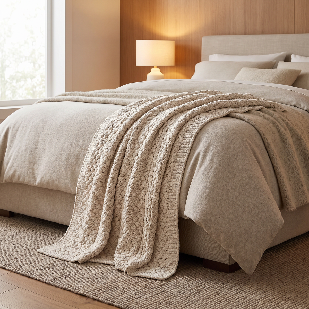 Chunky Chenille Knit Bed Blanket draped on bed