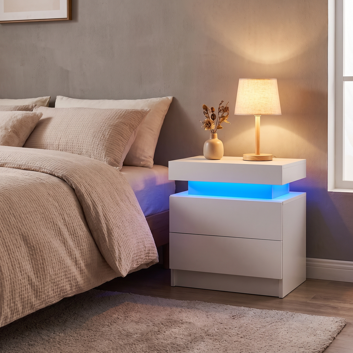 LED Nightstand with 2 Drawers styled in bedroom