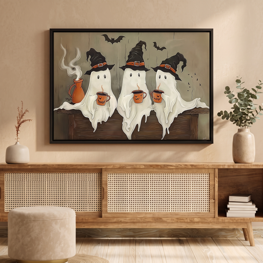 Vintage Witchy Ghosts Halloween Canvas Print mounted on wall