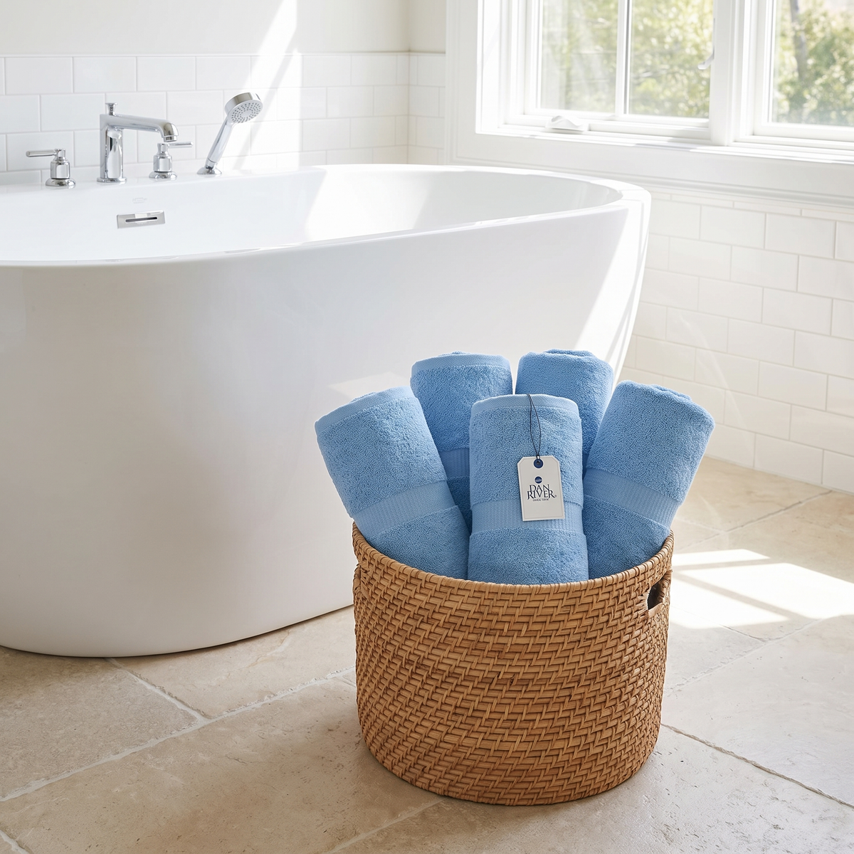 100% Cotton Bath Towel Set 4 Piece in basket beside tub