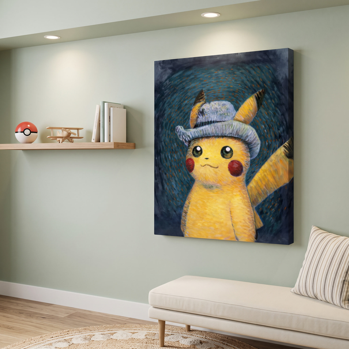 Pikachu Meets Van Gogh Canvas Wall Art mounted on wall