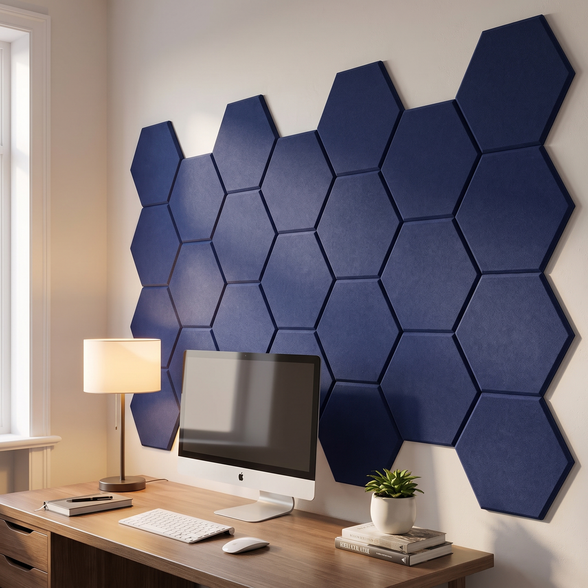Hexagon Acoustic Wall Panels installed behind desk