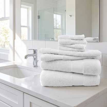 Anti-Bacterial Cotton Bath Towel Set 8 Piece on vanity counter