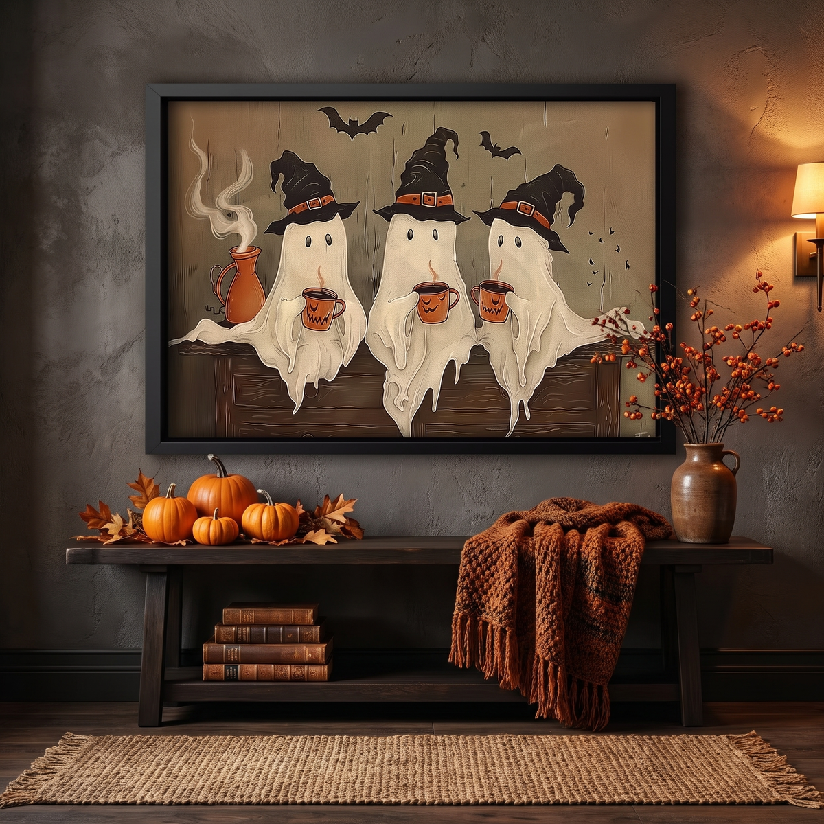 Vintage Witchy Ghosts Halloween Canvas Print mounted on wall