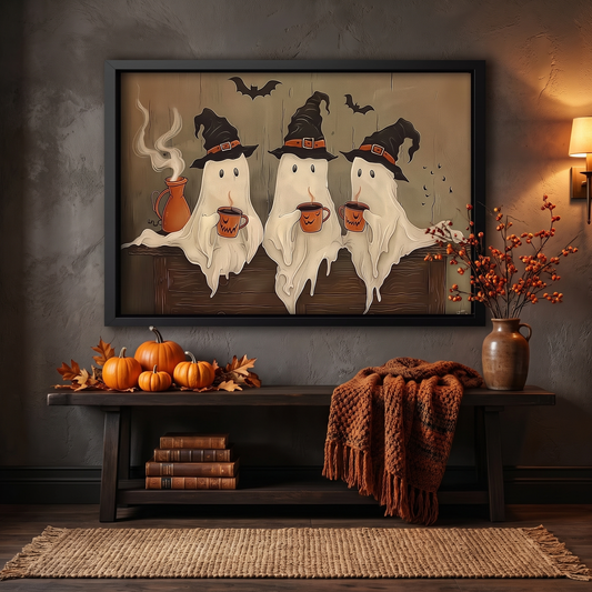Vintage Witchy Ghosts Halloween Canvas Print mounted on wall