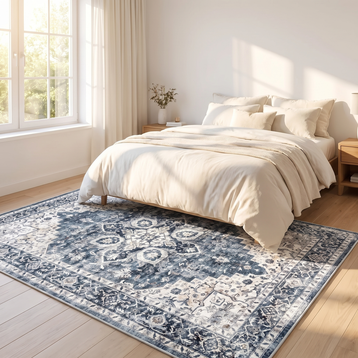 Washable Vintage Floral Area Rug in bedroom