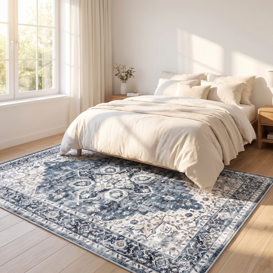 Washable Vintage Floral Area Rug in bedroom