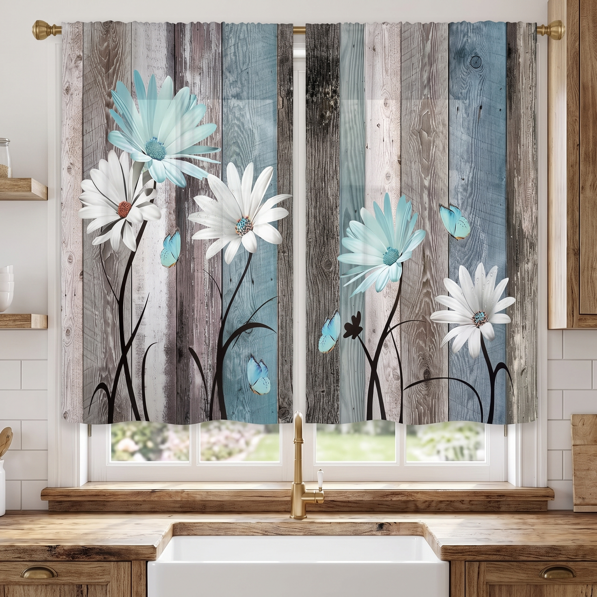 Teal Daisy Farmhouse Cafe Curtains in kitchen window