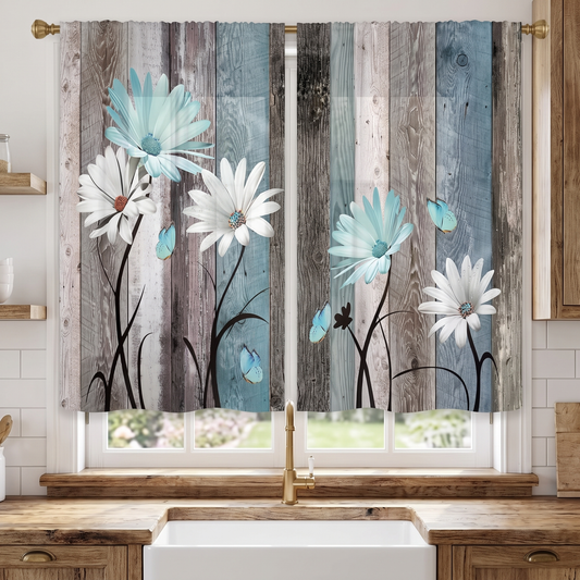 Teal Daisy Farmhouse Cafe Curtains in kitchen window