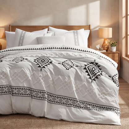 Boho Tufted Geometric Duvet Cover Set styled on bed