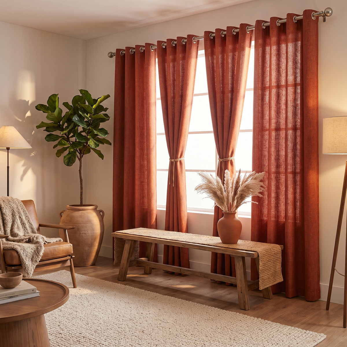 Terracotta Linen Blend Room-Darkening Curtains in living room window