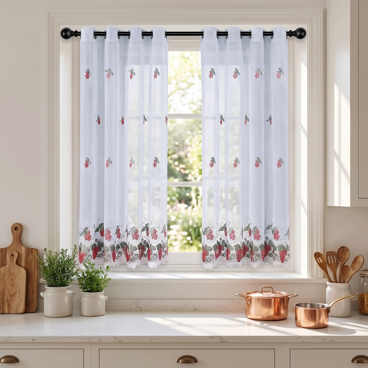 Lace Embroidered Sheer Cafe Curtains in kitchen window