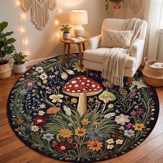 Mushroom and Boho Floral Felt Rug in living room