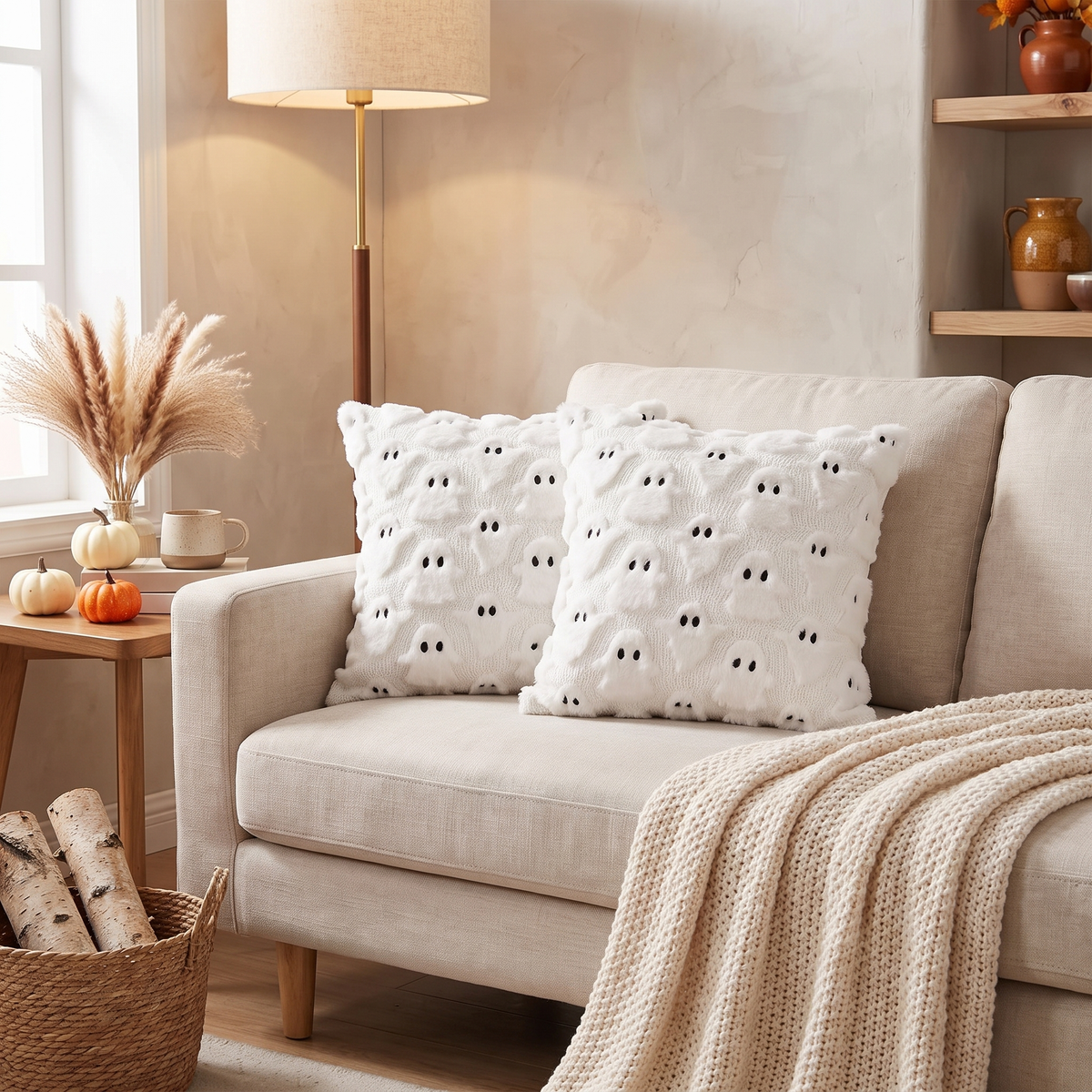 Halloween Ghost Throw Pillow Covers styled on sofa