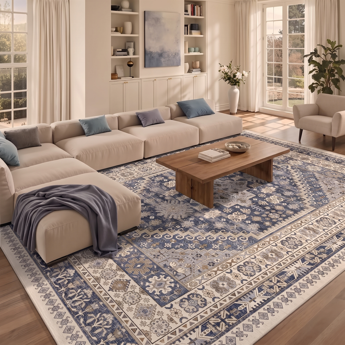 Boho Vintage Washable Area Rug Blue and Beige in living room