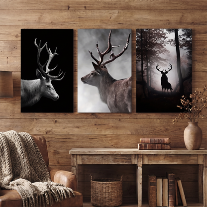 Forest and Deer 3-Piece Framed Canvas Set mounted on wall
