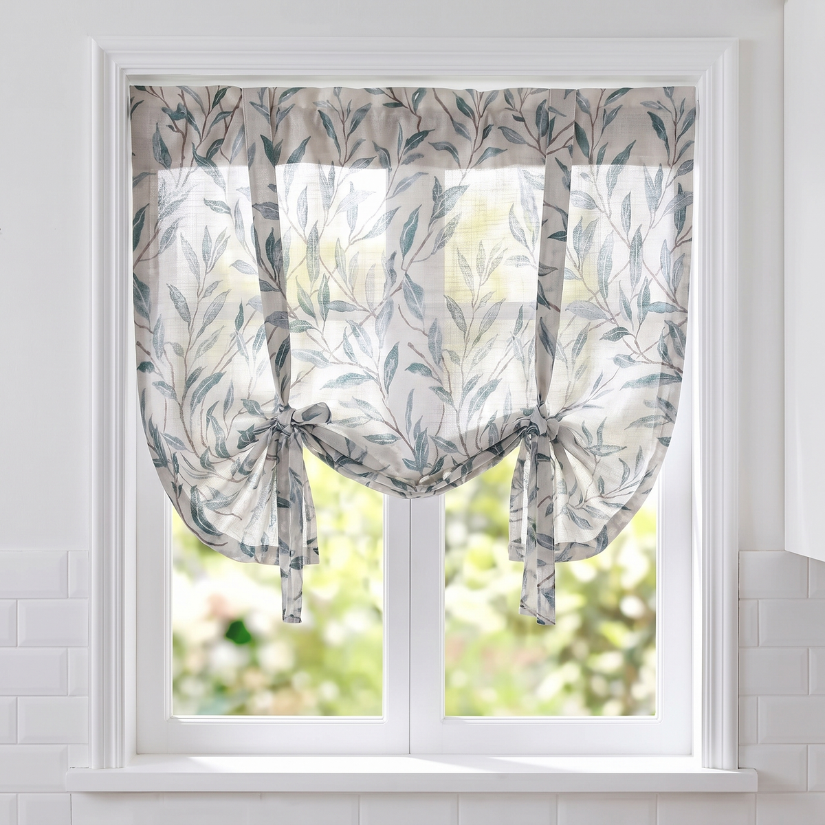 Adjustable Tie-Up Valance Blue Leaf Print Linen tied up in window