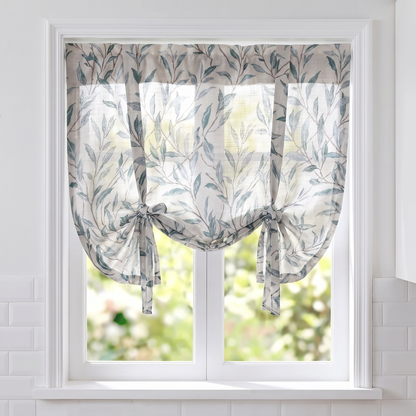 Adjustable Tie-Up Valance Blue Leaf Print Linen tied up in window