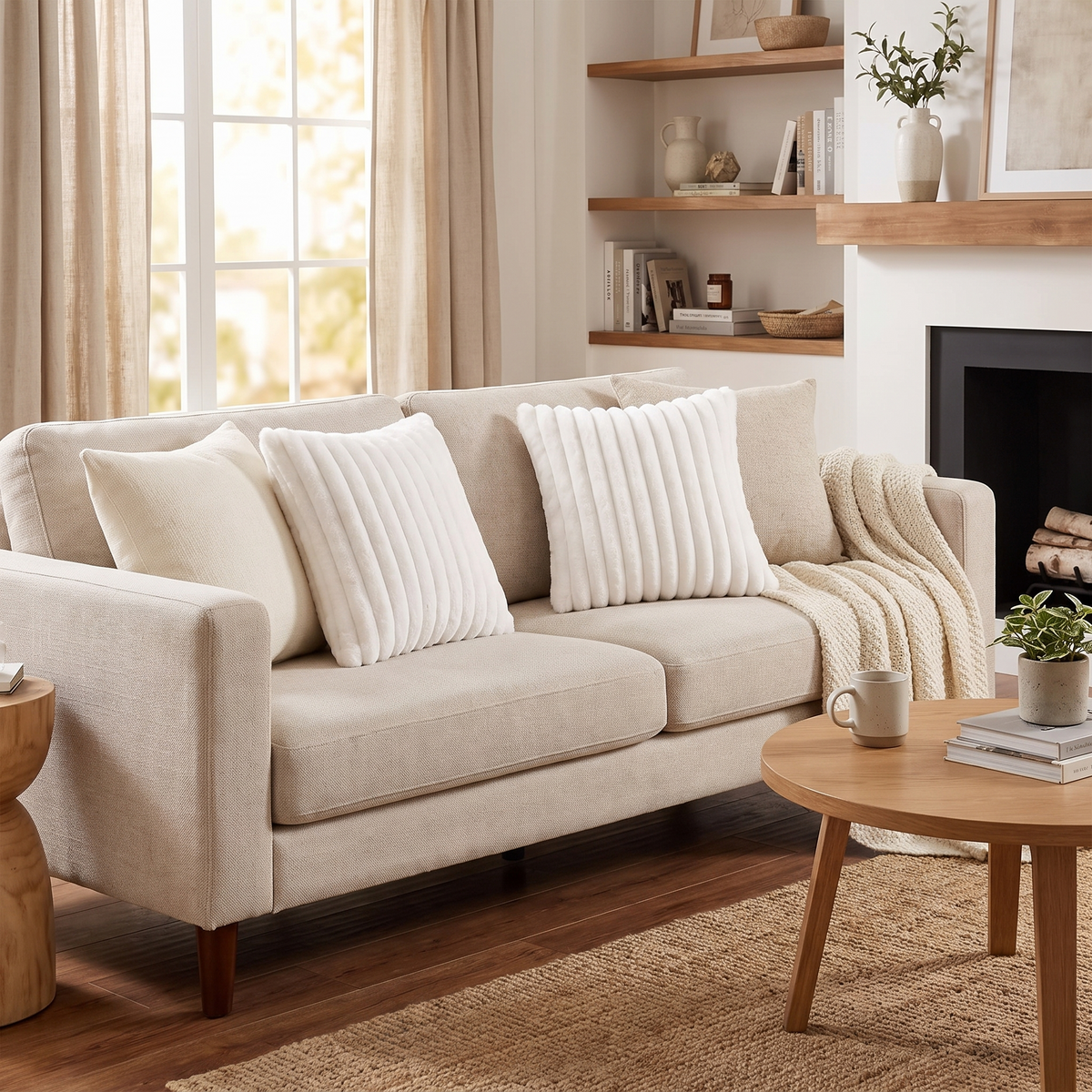 Faux Plush Striped Throw Pillow Covers styled on sofa
