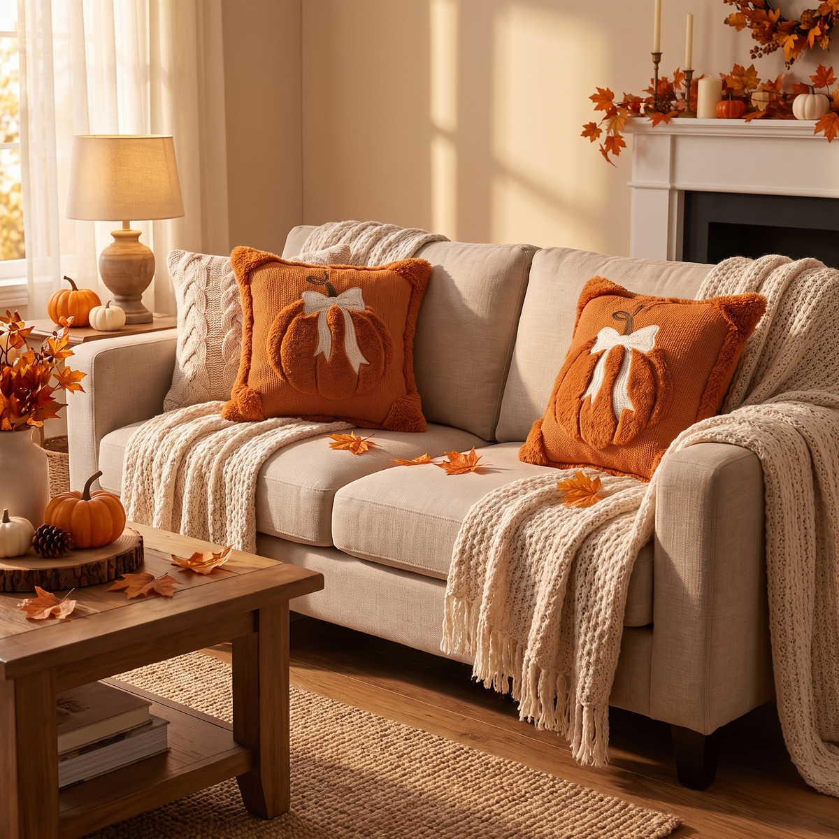 3D Jacquard Pumpkin Pillow Covers styled on sofa