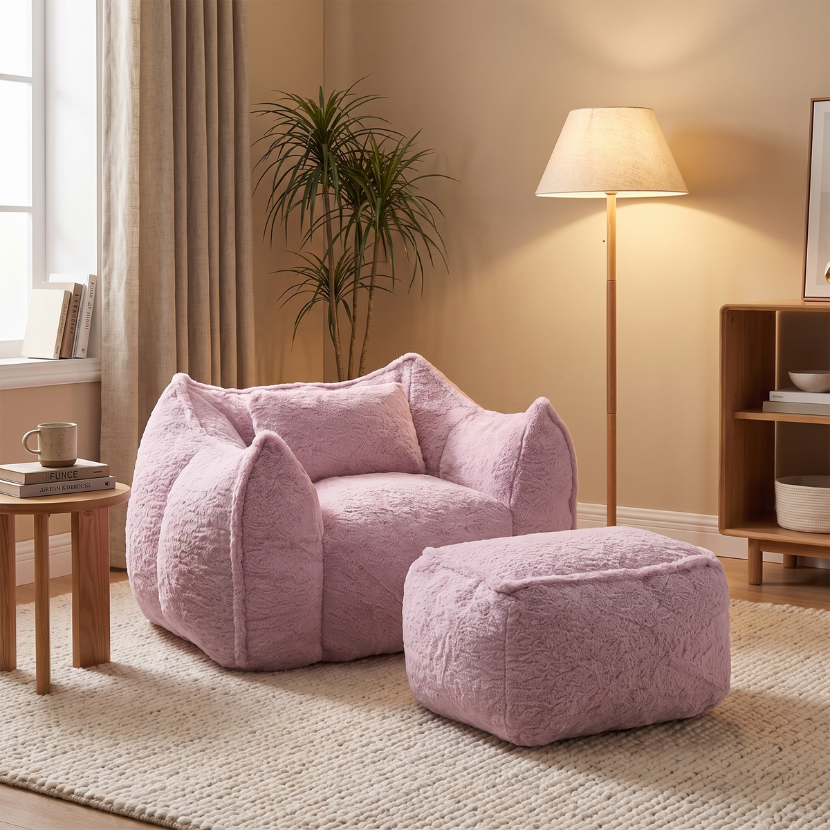 Faux Fur Bean Bag Lounger with Ottoman in living room