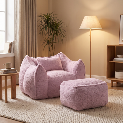 Faux Fur Bean Bag Lounger with Ottoman in living room