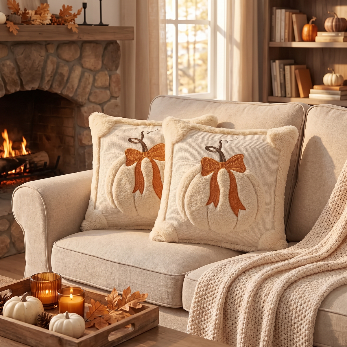3D Jacquard Pumpkin Pillow Covers with Bow styled on sofa