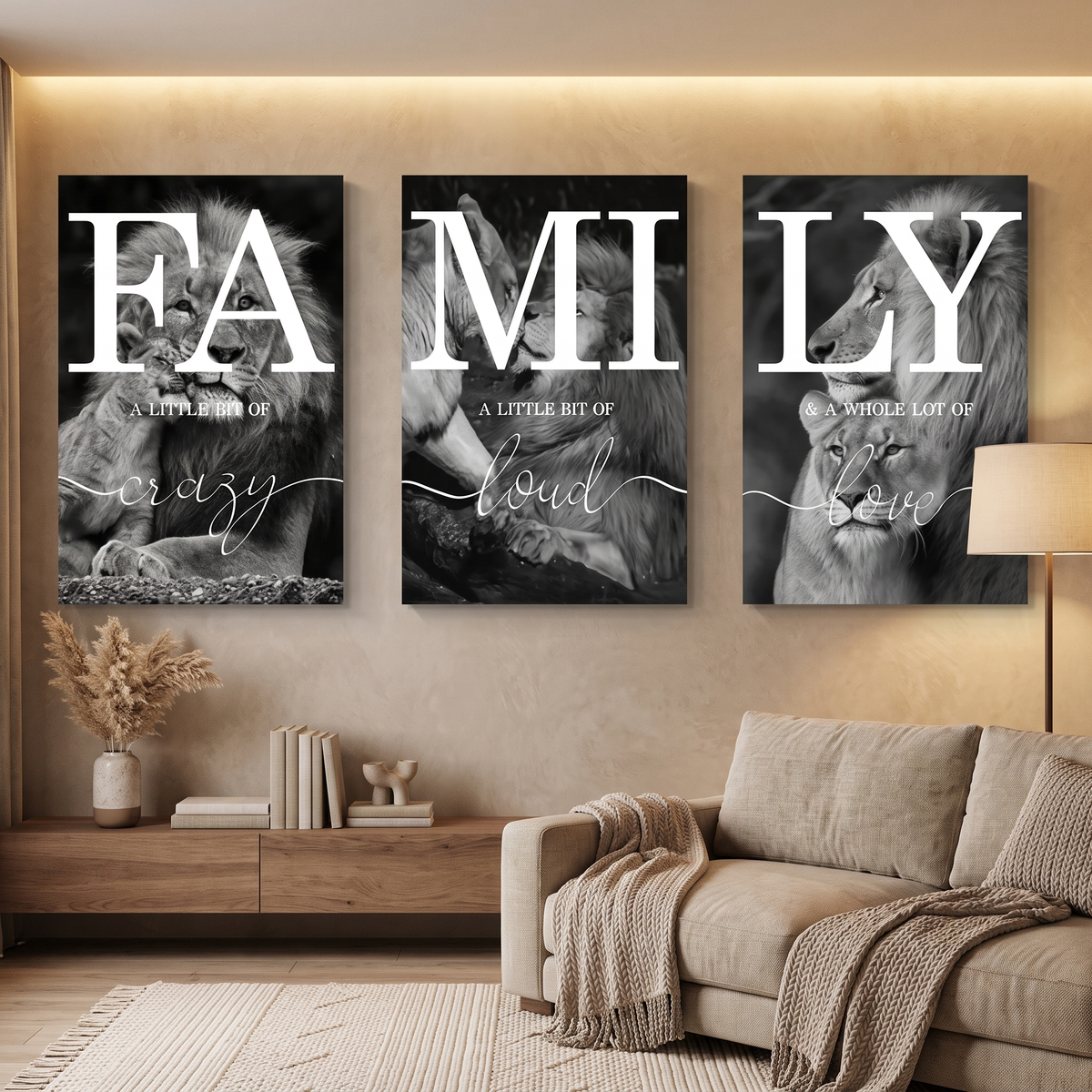 Lion 3-Piece Canvas Art Set mounted on wall