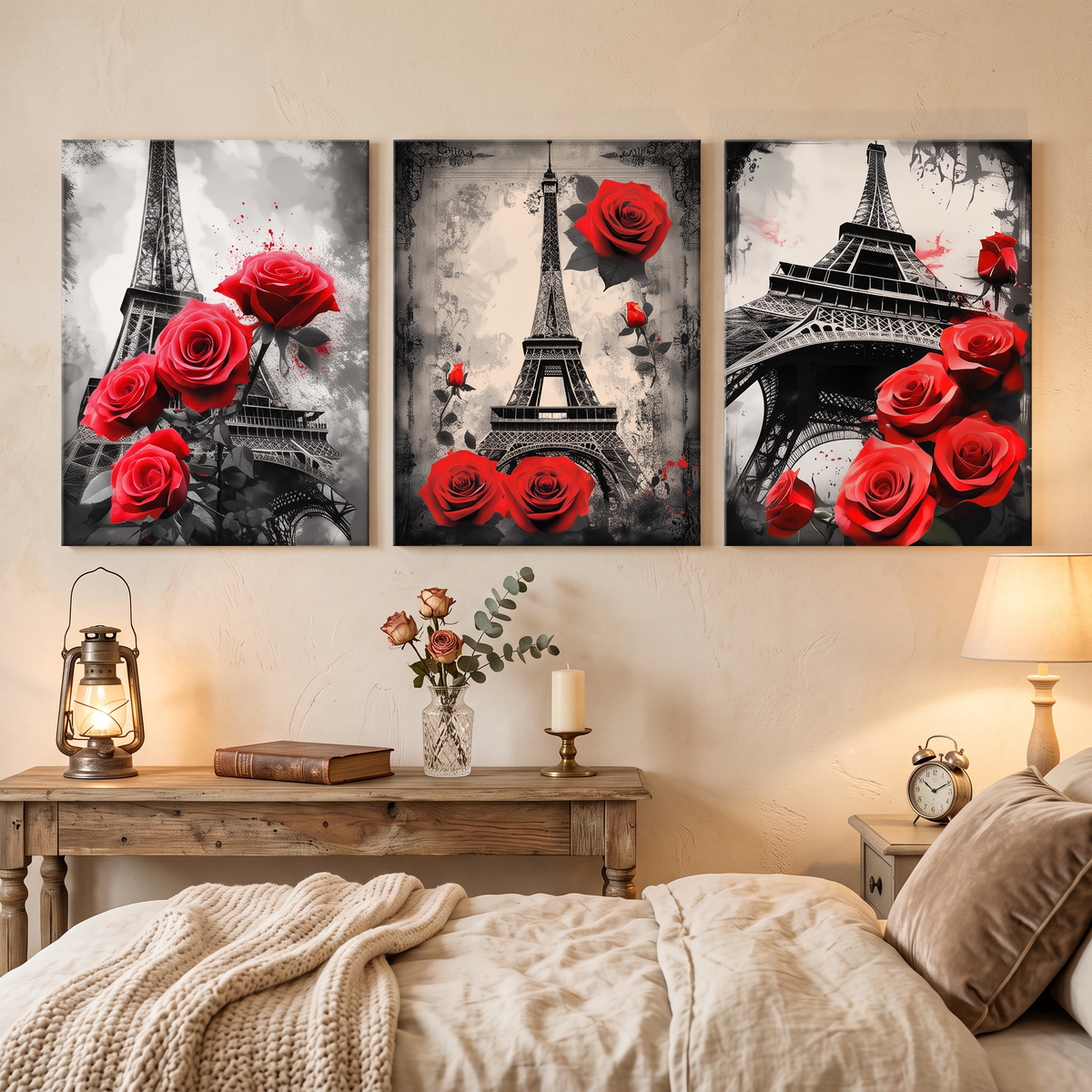 Eiffel Tower and Roses 3-Piece Framed Canvas Set mounted on wall