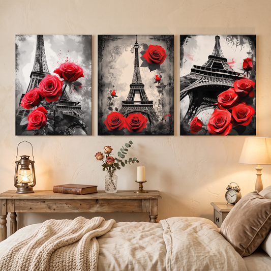 Eiffel Tower and Roses 3-Piece Framed Canvas Set mounted on wall