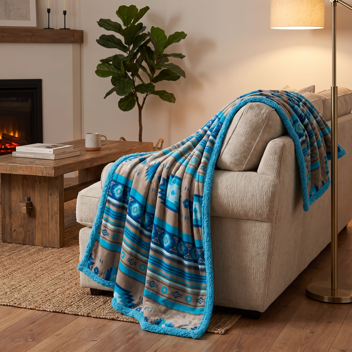 Aztec Print Sherpa Throw Blanket draped on sofa