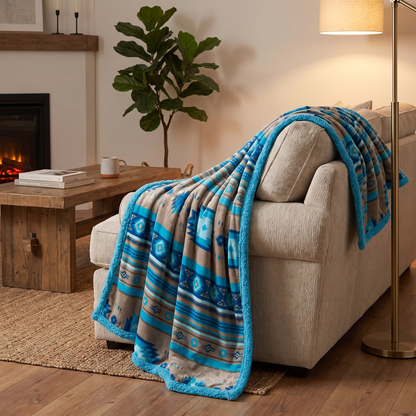 Aztec Print Sherpa Throw Blanket draped on sofa