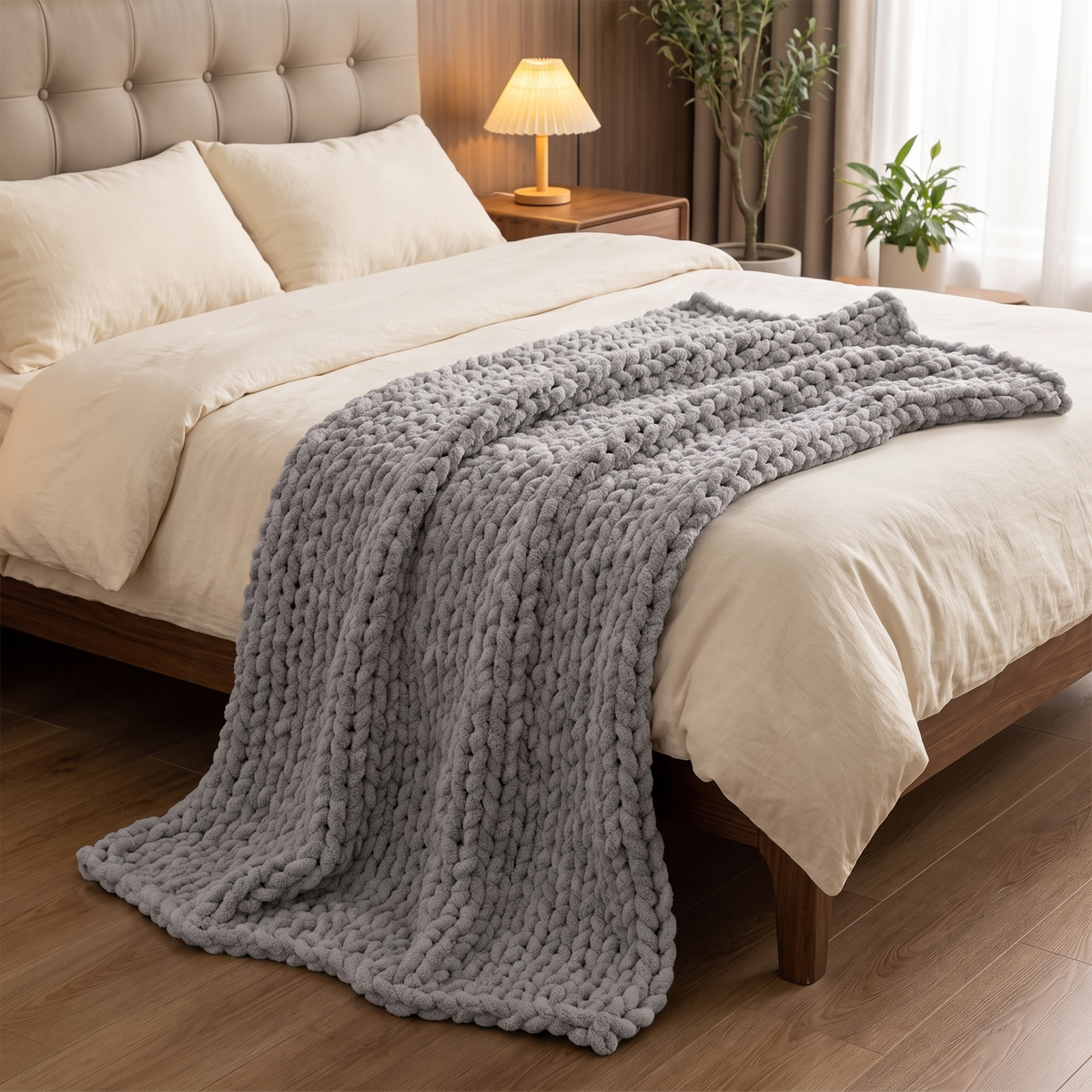 Hand-Woven Chunky Knit Throw Blanket draped on bed